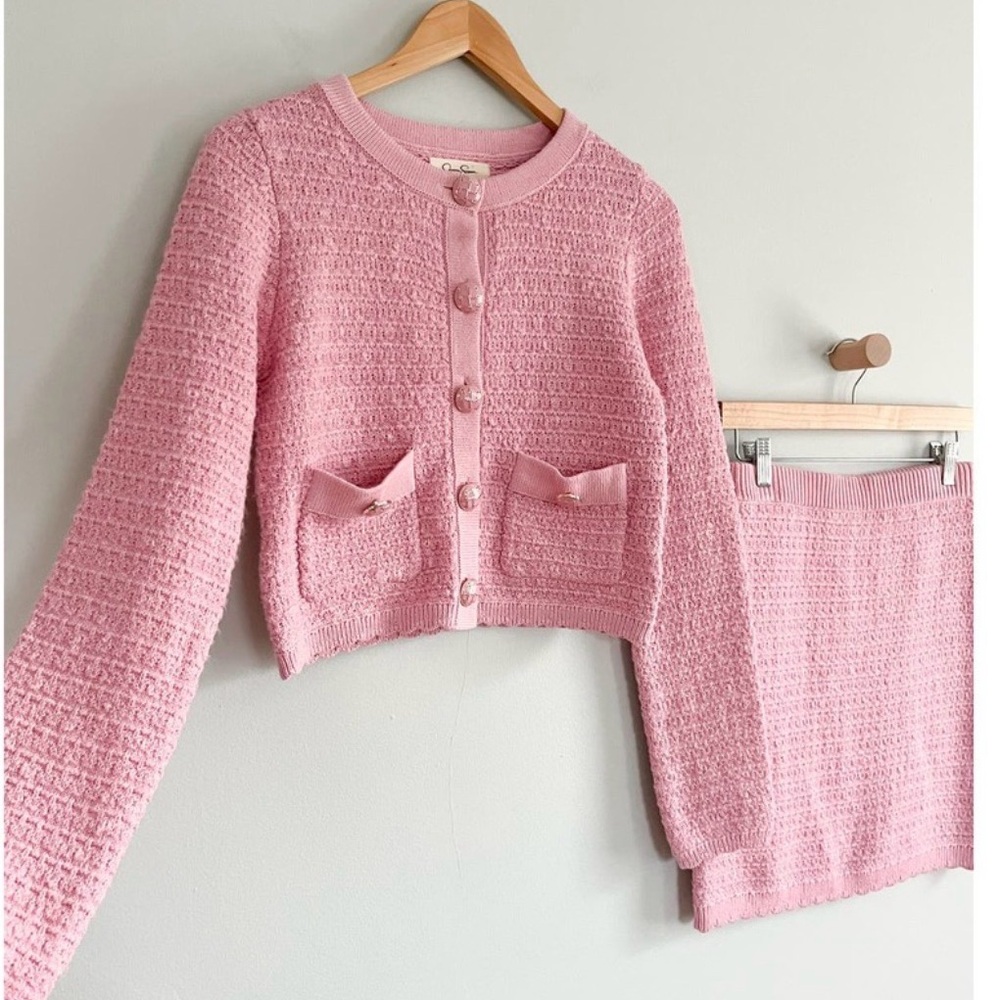 Jessica Simpson Pink Woven-Button Knit Cardigan
